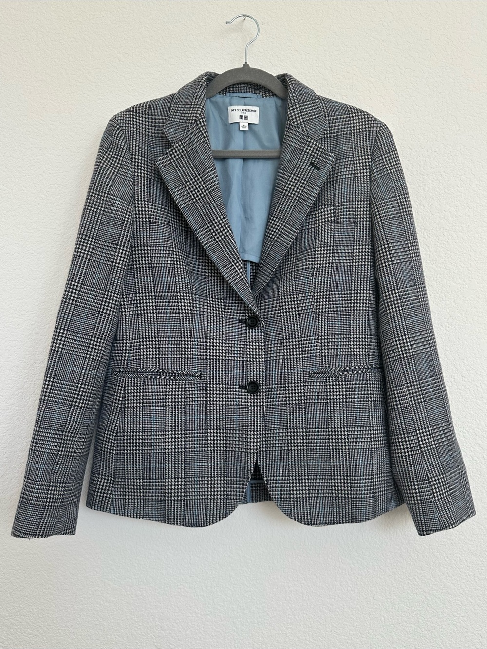 Ines De La Fressange x UNIQLO Wool Blend Glen Plaid Blazer Jacket Blue Accent M - Picture 10 of 12